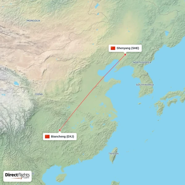 Biancheng - Shenyang direct flight map