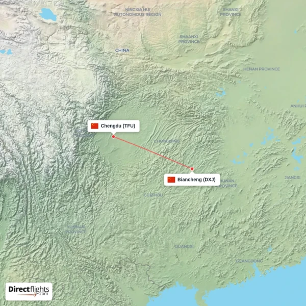Biancheng - Chengdu direct flight map