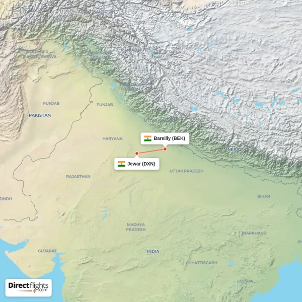 Jewar - Bareilly direct flight map