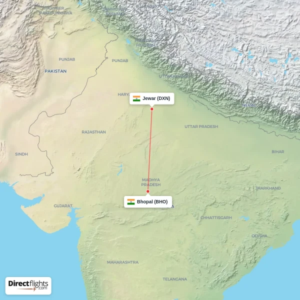 Jewar - Bhopal direct flight map