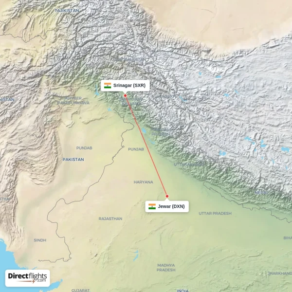 Jewar - Srinagar direct flight map