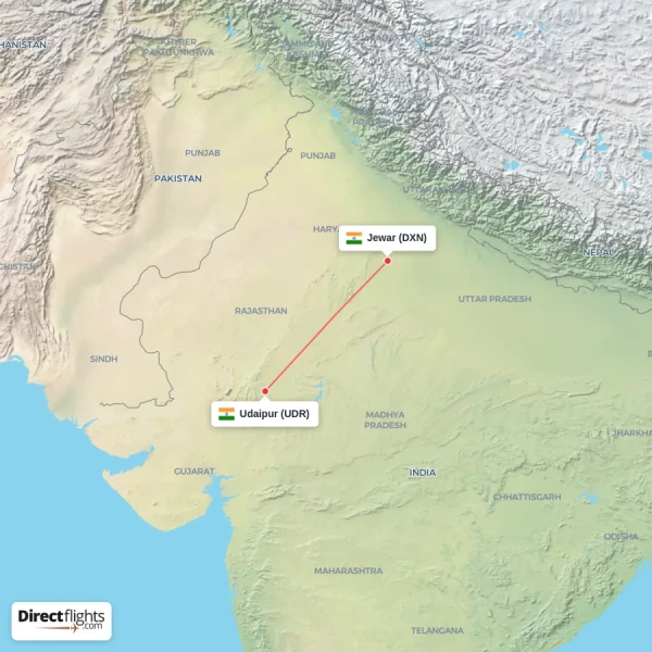 Jewar - Udaipur direct flight map