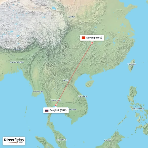 Dayong - Bangkok direct flight map
