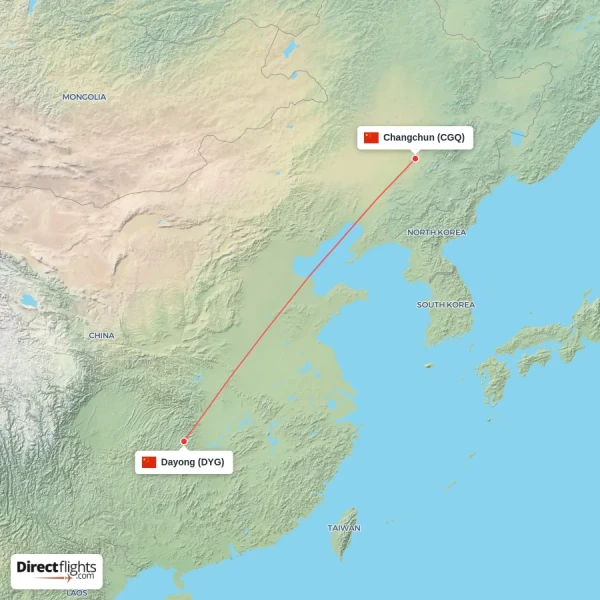 Dayong - Changchun direct flight map
