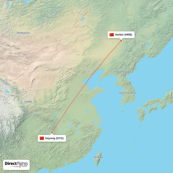 Dayong - Harbin direct flight map