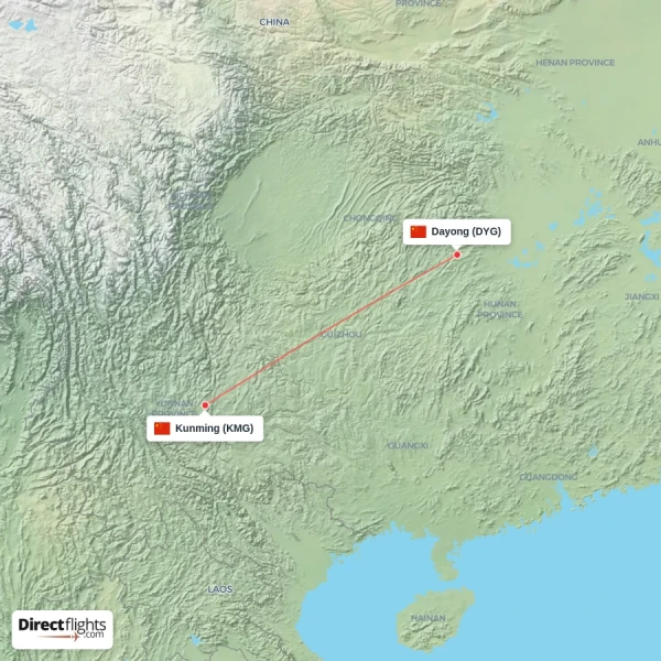 Dayong - Kunming direct flight map