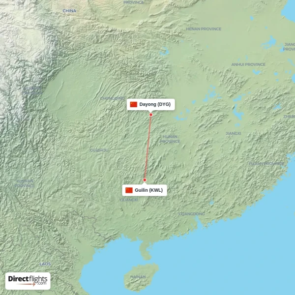 Dayong - Guilin direct flight map