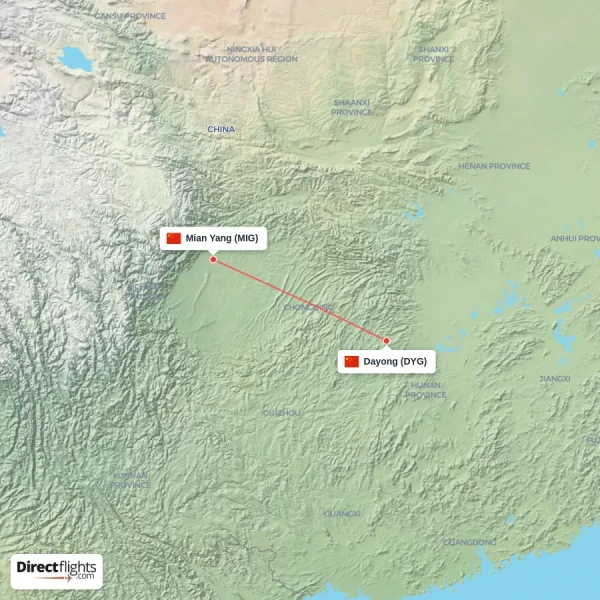 Dayong - Mian Yang direct flight map