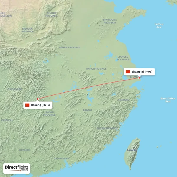 Dayong - Shanghai direct flight map
