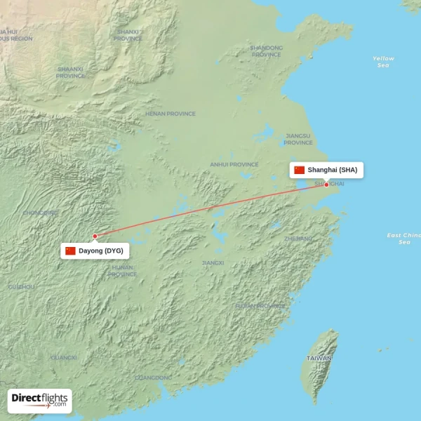 Dayong - Shanghai direct flight map