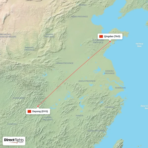 Dayong - Qingdao direct flight map