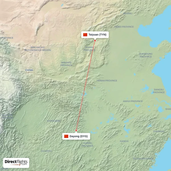 Dayong - Taiyuan direct flight map