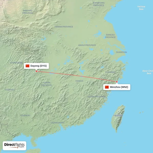 Dayong - Wenzhou direct flight map