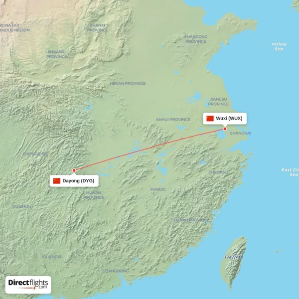 Dayong - Wuxi direct flight map