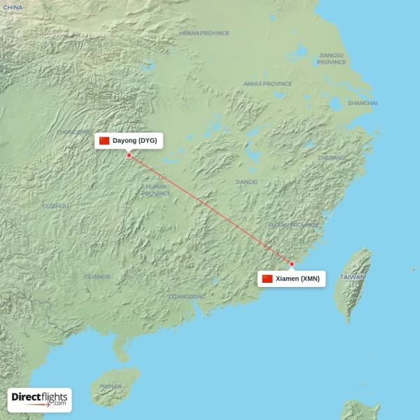 Dayong - Xiamen direct flight map