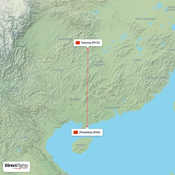 Dayong - Zhanjiang direct flight map