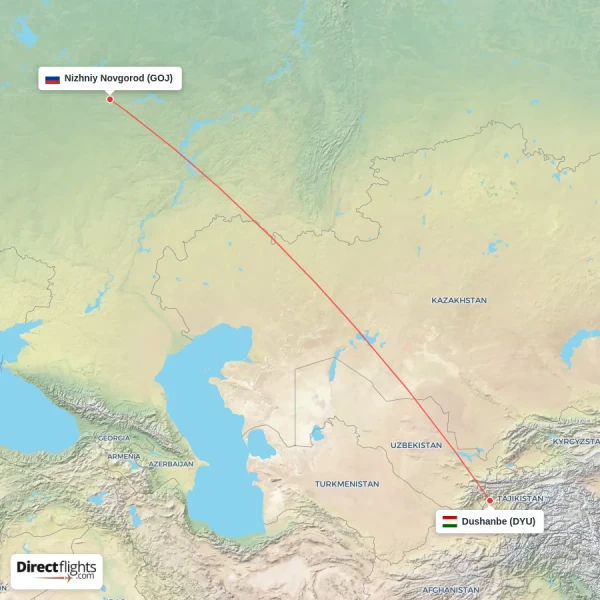 Dushanbe - Nizhniy Novgorod direct flight map