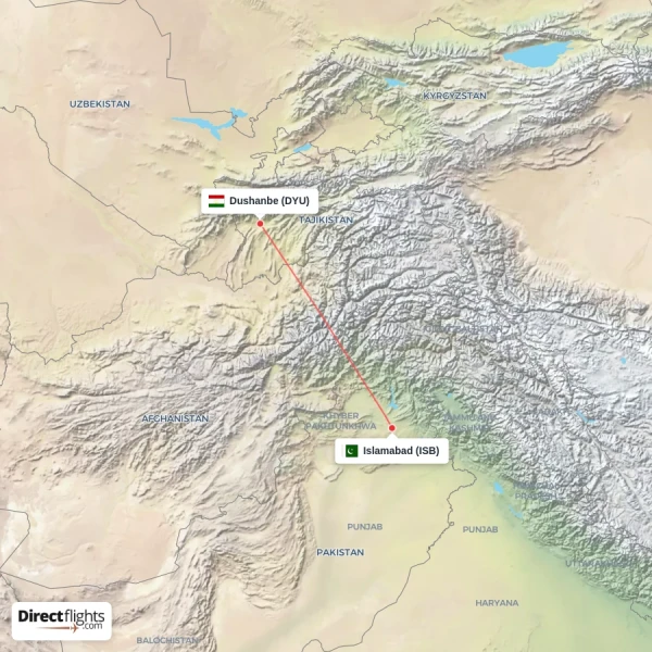 Dushanbe - Islamabad direct flight map