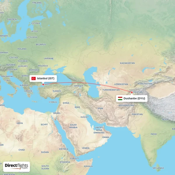 Dushanbe - Istanbul direct flight map