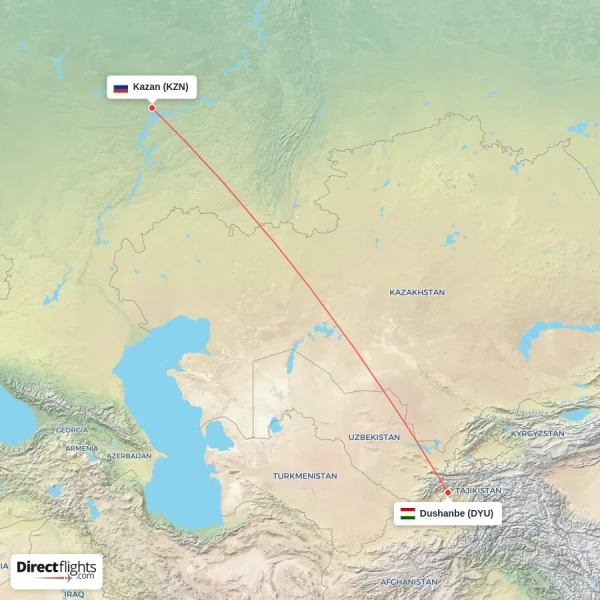 Dushanbe - Kazan direct flight map