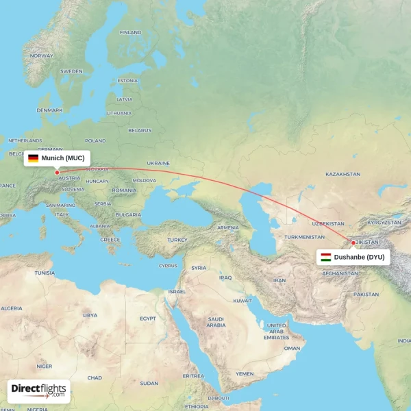 Dushanbe - Munich direct flight map