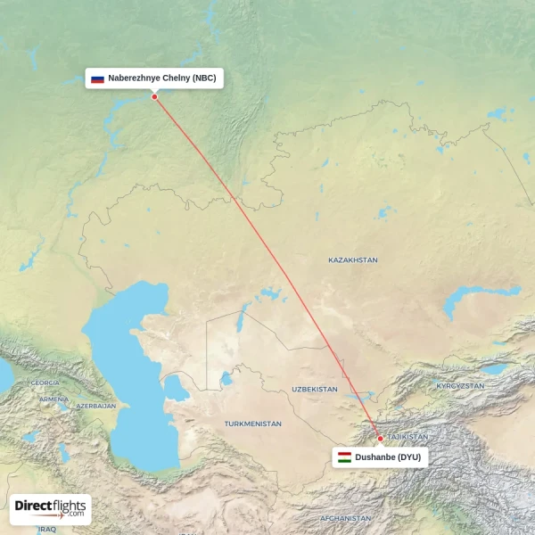 Dushanbe - Naberezhnye Chelny direct flight map