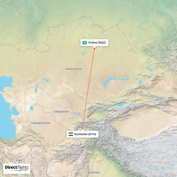 Dushanbe - Astana direct flight map