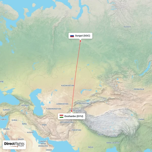 Dushanbe - Surgut direct flight map