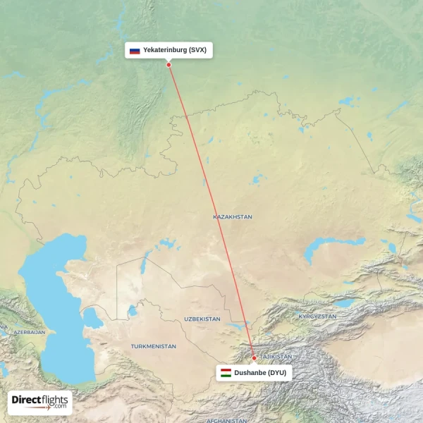 Dushanbe - Yekaterinburg direct flight map