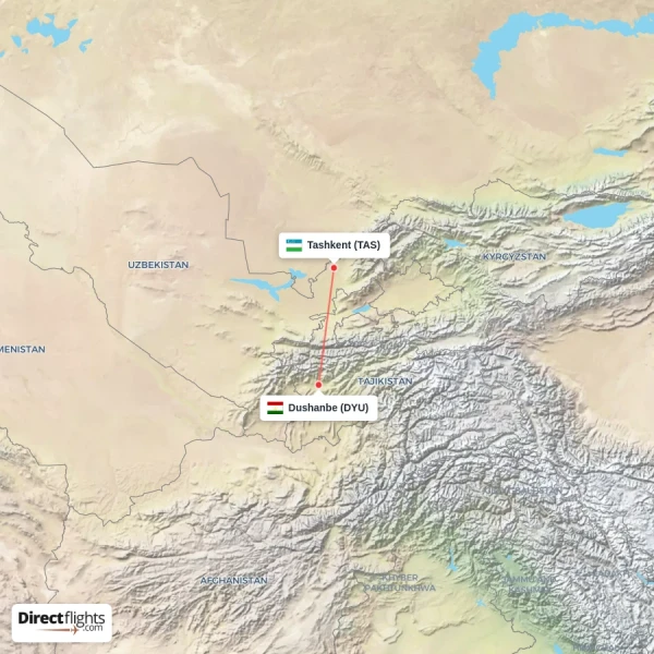 Dushanbe - Tashkent direct flight map