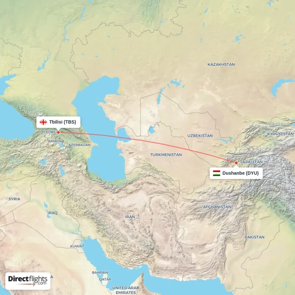 Dushanbe - Tbilisi direct flight map