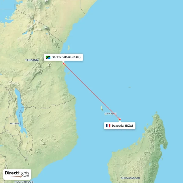 Dzaoudzi - Dar Es Salaam direct flight map