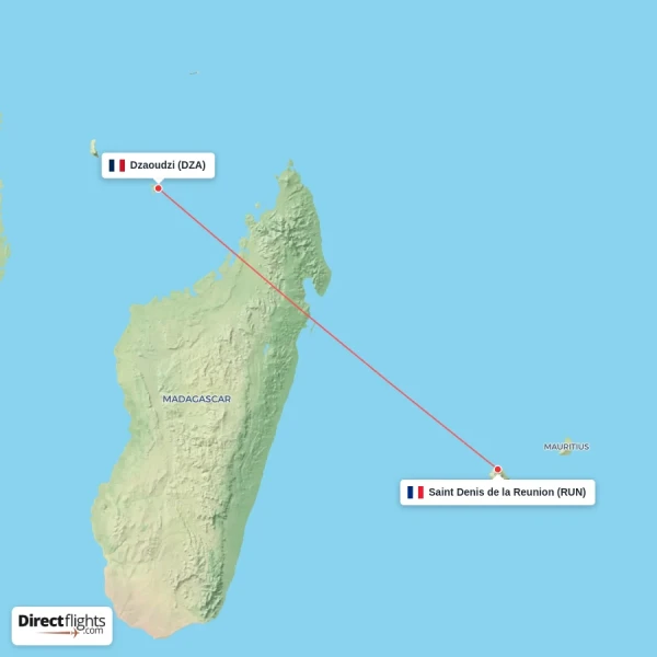 Dzaoudzi - Saint Denis de la Reunion direct flight map