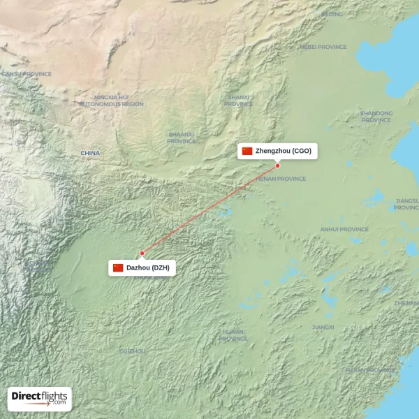 Dazhou - Zhengzhou direct flight map