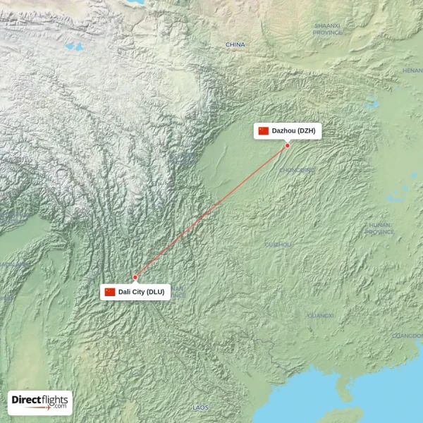 Dazhou - Dali City direct flight map