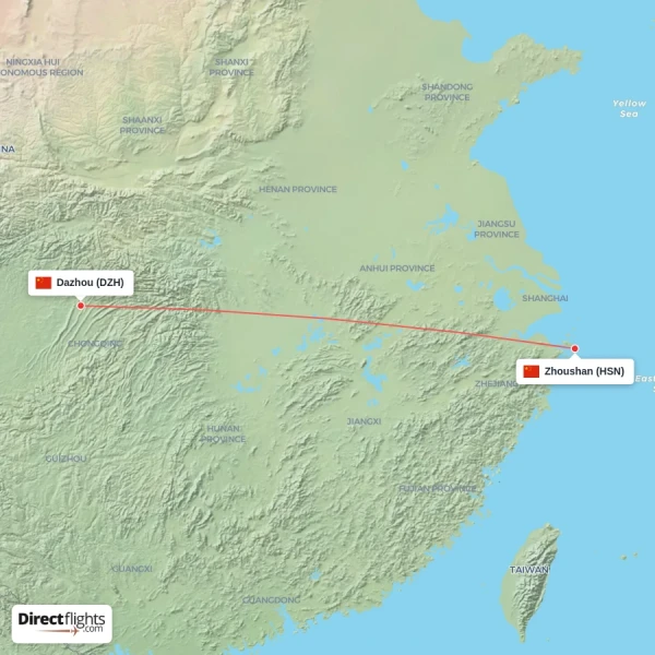 Dazhou - Zhoushan direct flight map