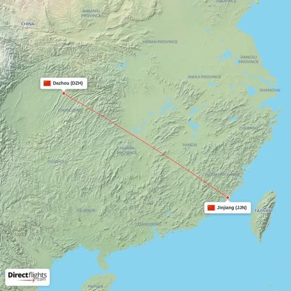 Dazhou - Jinjiang direct flight map