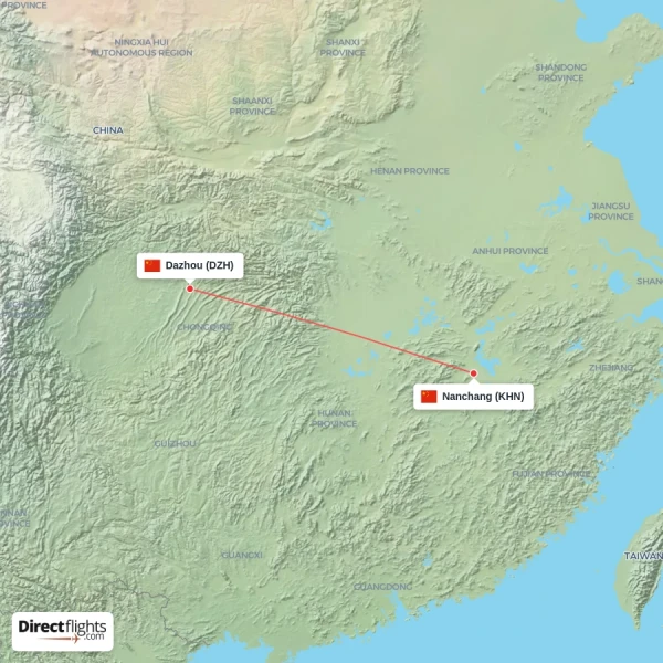 Dazhou - Nanchang direct flight map