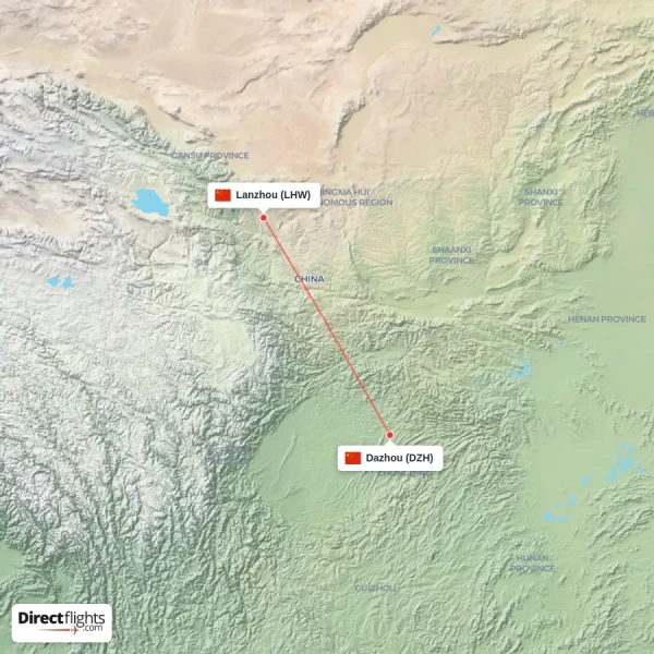 Dazhou - Lanzhou direct flight map