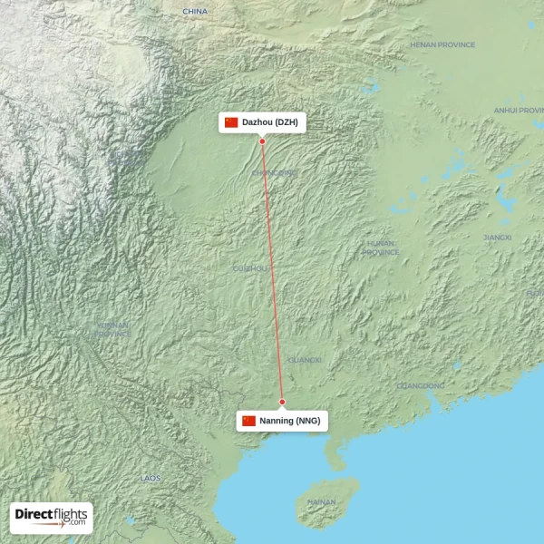 Dazhou - Nanning direct flight map