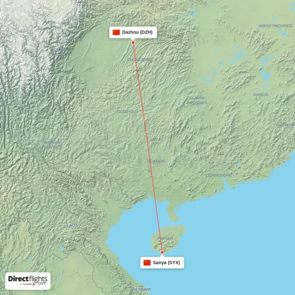 Dazhou - Sanya direct flight map
