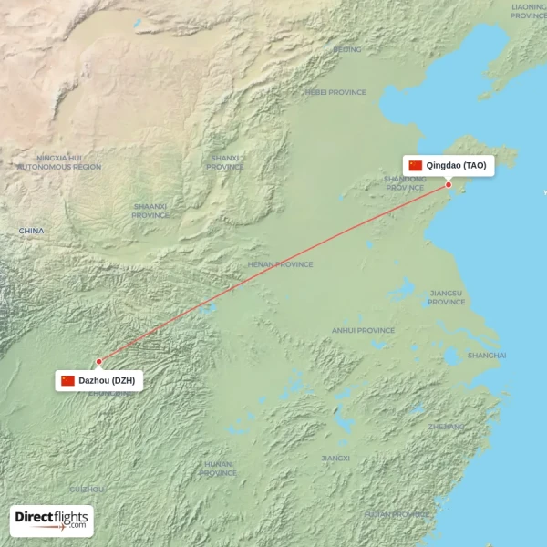 Dazhou - Qingdao direct flight map