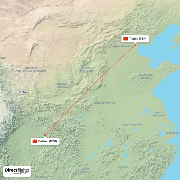 Dazhou - Tianjin direct flight map