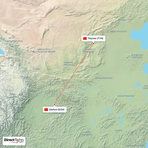 Dazhou - Taiyuan direct flight map