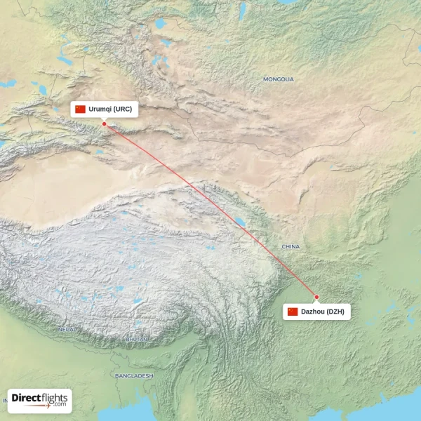 Dazhou - Urumqi direct flight map