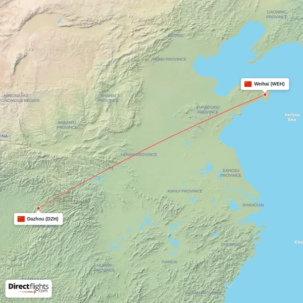 Dazhou - Weihai direct flight map