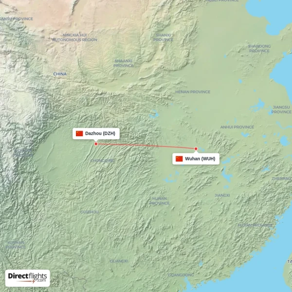 Dazhou - Wuhan direct flight map