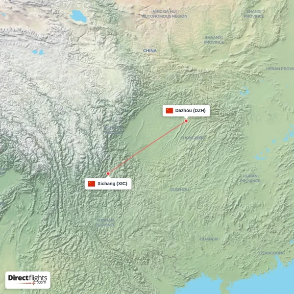 Dazhou - Xichang direct flight map
