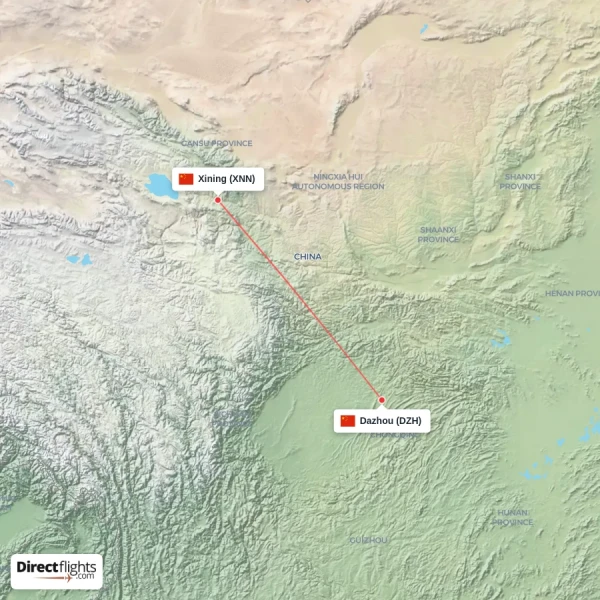 Dazhou - Xining direct flight map