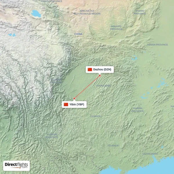 Dazhou - Yibin direct flight map